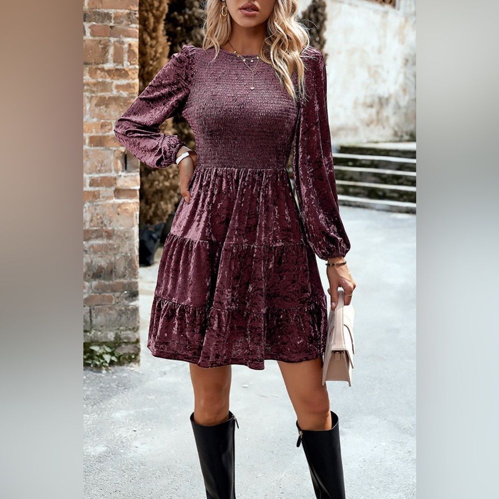Smocked Round Neck Balloon Sleeve Velvet Mini Dress Moonlight Mauve​